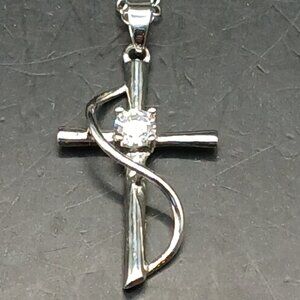 Vintage Cubic Zirconia Draped Cross Pendant Necklace 925 Sterling Silver